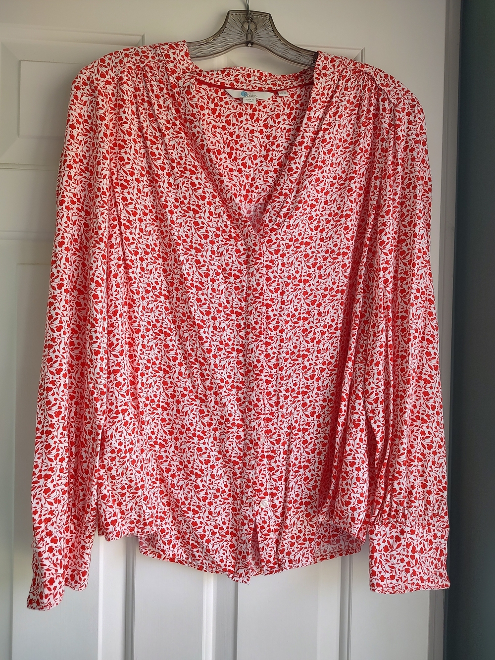 Boden Coral and White Floral V-Neck Blouse